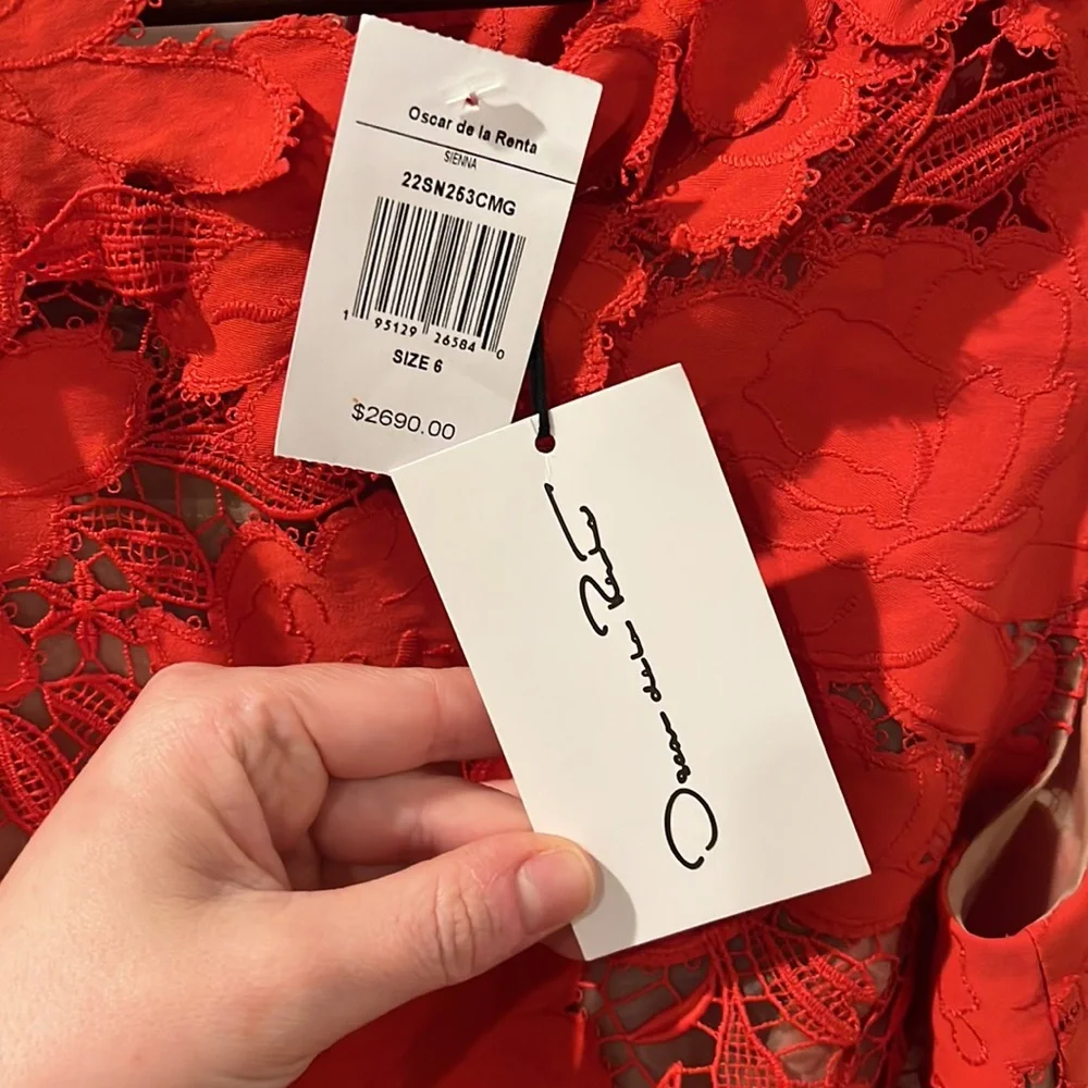 Oscar de la Renta Red Magnolia Belted Guipure Lace A-Line Dress in Sienna NWT 6 - Picture 3 of 6